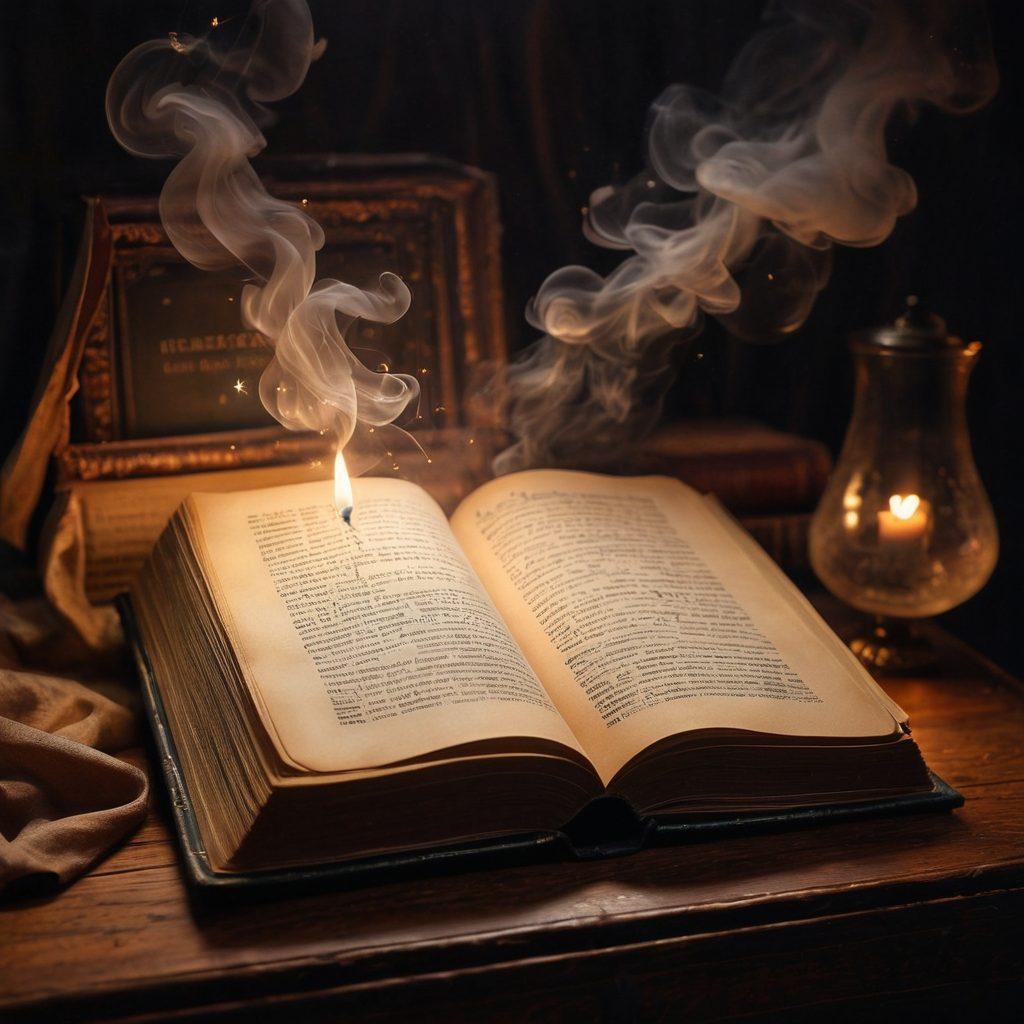 An open, antique book with pages fluttering in the wind, revealing enchanting and mysterious illustrations of sensual narratives. Surrounding the book are ethereal wisps of smoke and dreamy, glittering stars, inviting the viewer into a world of intimate stories. A soft, candlelit glow casts shadows on the pages, creating an atmosphere of intrigue and allure. The background features lush, dark velvet fabric to evoke a sense of forbidden luxury. super-realistic. vibrant colors. moody lighting.