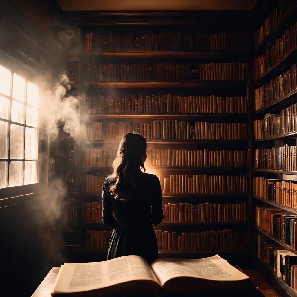 A mysterious library with dim lighting, filled with shelves of intriguing adult literature books. In the foreground, a silhouette of a person holding an open book, their expression captivated by the words. Soft shadows and warm tones enhance the intimate atmosphere, with wisps of smoke curling upwards, symbolizing the depth of hidden emotions. Elegant calligraphy of the blog title subtly integrated into the background. painting. warm colors. intimate atmosphere.