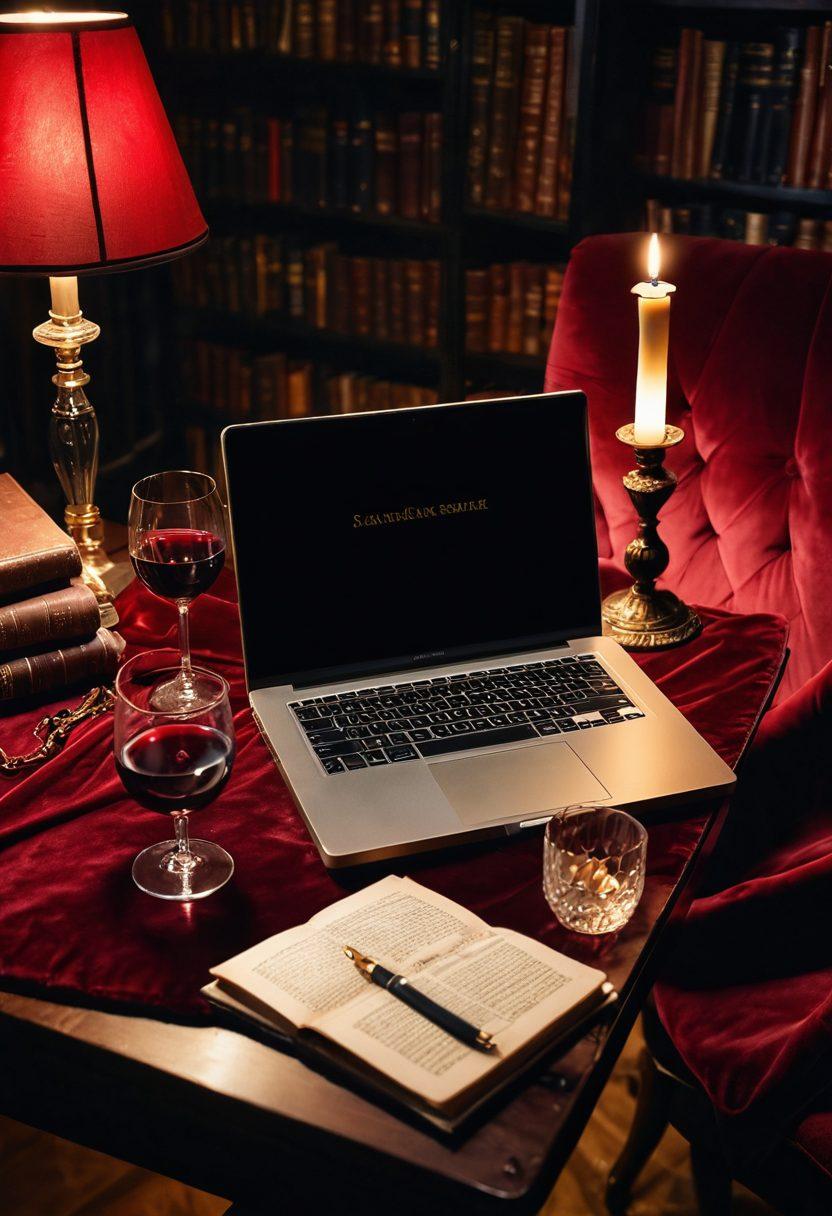 A seductive, dimly lit room filled with vintage books and luxurious velvet fabrics, showcasing an elegant laptop open to a blog platform. A glass of red wine rests beside it, casting a warm glow. Subtle hints of sensuality with soft shadows, creating an inviting and mysterious atmosphere. Focus on rich textures and an alluring color palette. super-realistic. vibrant colors. dark background.